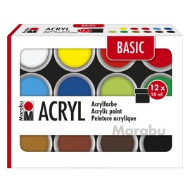 Marabu Basic Acrylic Paint Set, 12 x 18 ml, Semi-Matt Colours, Easy to Paint, Quick Drying, Non-fading, Weatherproof, for Many Painting Techniques and Surfaces, 12100000000214