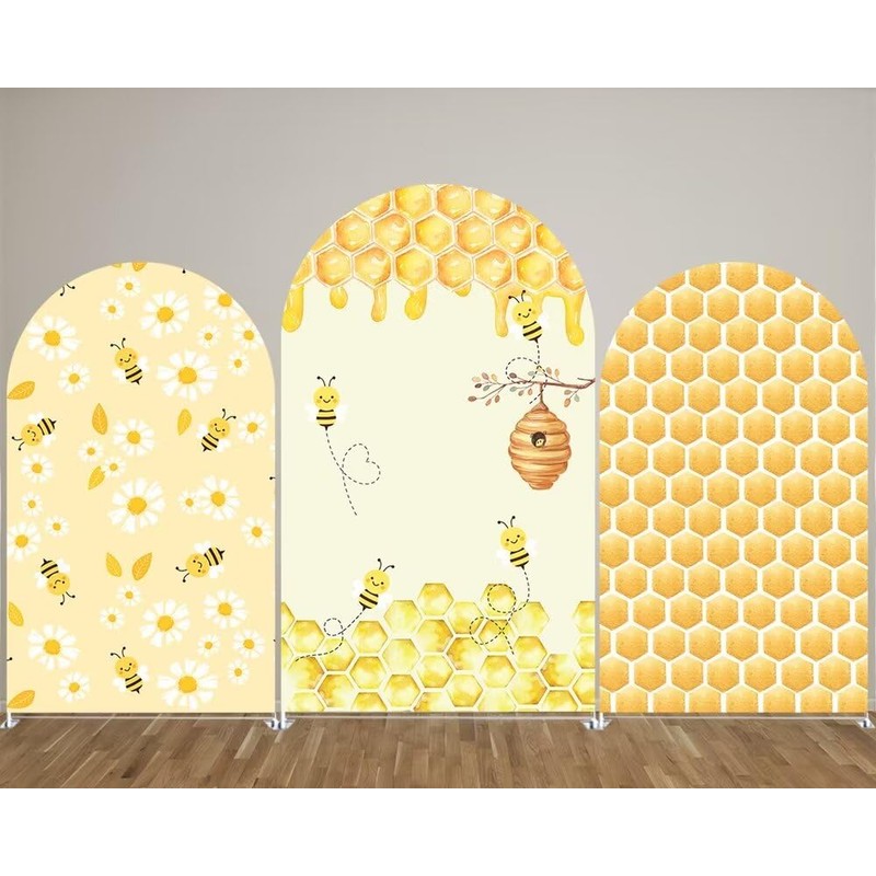 Iydamc Honeycomb Arched Fabric Backdrop Covers for Bee Day Party