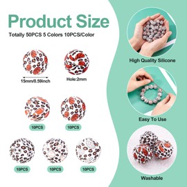 Boutigem 50Pcs Leopard Silicone Beads 15mm, Sports Ball Round Silicone Focal Beads for Keychain Making, Football Volleyball Baseball Rugby Rubber Spacer Beads for Beadable Pens Bracelets Making