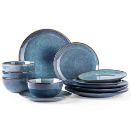 AmorArc Ceramic Dinnerware Sets for 4, 12 Pieces Handpainted Plates and Bowls Set, Scratch Resistant Stoneware Dishes Set, Dishwasher & Microwave Safe, Ceylon Blue