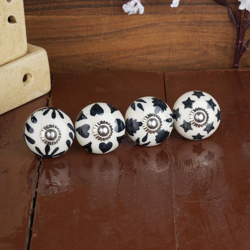 Ajuny Set of 12 Black and White Ceramic Knobs Handpainted