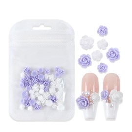 Tyuimhx 50 Pcs Flowers Nail Charms 3D Resin Purple White Rose Nail Art Charms for Acrylic Nails Flatback Floral Nail Supplies for Women Spring Summer DIY Manicure Decorations Crafts