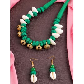 Ethnic Indian Gold Oxidized Ghungroo Seashell Designer Fabric Thread Traditional Boho Tribal Choker Necklace Jewellery Women (Green)