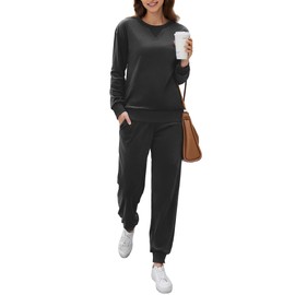 Ekouaer Womens Pajamas Sets Velvet Long Sleeve Jogger Pjs Soft Sleepwear 2 Piece Lounge Sets Casual Tracksuits Black Medium