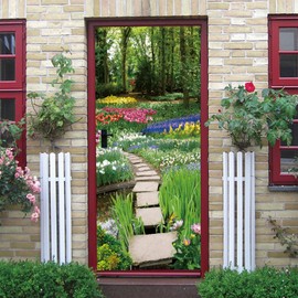 Door Sticker,Peel and Stick Vinyl Door Decals,Self-Adhesive Mural for Home Decor, 30.3" W x 78.7" L,Set of 2 Sheets,Flower Path