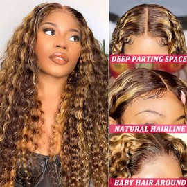 DOSYVI Ombre Lace Front Wig Human Hair 180% Density 4/27 Honey Blonde 13x6 Deep Wave Lace Front Wigs Wet and Wavy Curly Glueless Wigs Human Hair Pre Plucked with Baby Hair (Highlight, 32 Inch)
