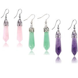 Real Natural Quartz Stone Healing Point Crystal Chakra Dangle Earrings for Women Gemstone Earring Healing Crystal Earring Jewelry Set (3 Pair)