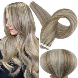 Full Shine Tape in Hair Extensions Human Hair 16 Inch Seamless Tape in Extensions Human Hair Natural Color 8 Ash Brown Highlighted 60 Platinum Blonde Fashion Extensions Skin Weft Hair Tape 50 Gram