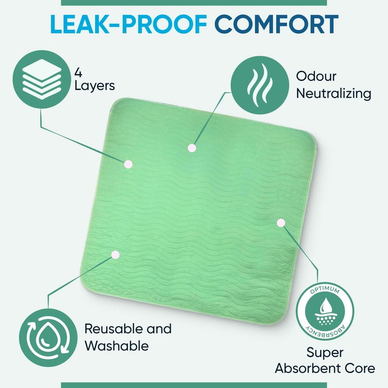 2 x Washable Incontinence Bed Pads Green 85x90cm, Single Bed,