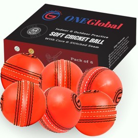 ONEGlobal Soft & Safe Practice Cricket Ball | Soft & Safe Rubber Cricket Ball for Practice | With Real Stitching & Core for Bouncing & Swinging | Ideal for Confidence & Matches (6-Orange)