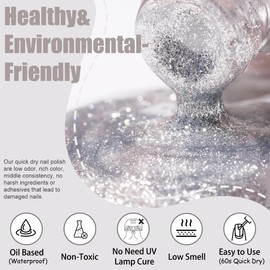 Glitter Nail Polish - Silver Nail Varnish Quick Dry - Sparkly Shimmer Nail Varnish - Long Lasting Breathable Nail Polish Nail Art Starter Manicure Salon DIY at Home