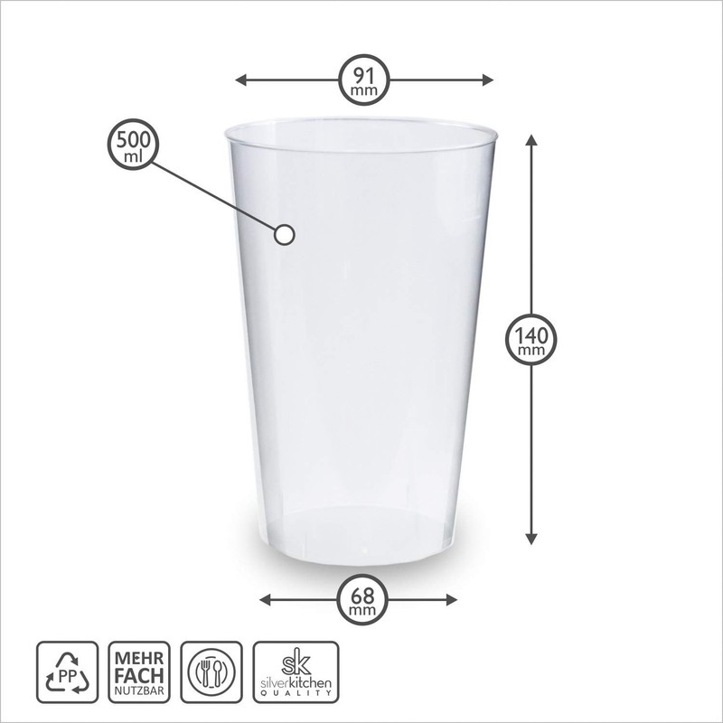 Silverkitchen 30 Drinking Cups, 500 ml - Shatter-Proof Reusable Cups,