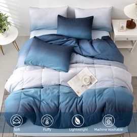 Anibedding Gradient Blue White Comforter Set Full Size 6 Pieces Ombre Navy Blue Bed in a Bag Complete Bedding Set - Breathable Solid Ocean Sea Blue Bed Sets with Flat/Fitted Sheet