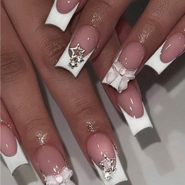 Goiern Press On Nails Long, Extra Long Clear Fake Nails Square Acrylic Fake Nails French, Artificial Nails for Women and Girls, White