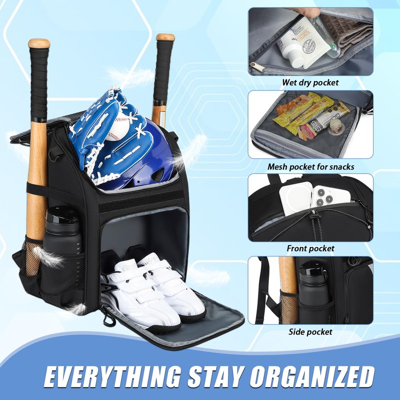 HAMBOLY Youth Baseball Bag, Softball Bag for Girls & Boys,