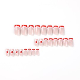 Valentine’s Day Short Press on Nails Square White Pink Red French Tip Nails Press ons with Vortex Heart Designs Full Cover Fake Nails Glossy Acrylic Nails Nude Color Stick on Nails for Women, 24Pcs