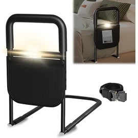 Standing Aid Bed for Older Adults Height Adjustable Handle Bed Safety Gate with Storage Bag Standing Aid Seniors Motion Sensor Light Withstand 180 kg (60 * 34 * 53cm)