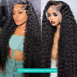 Deep Wave Lace Front Wigs Human Hair 13x6 Deep Wave Frontal Wigs Human Hair Pre Plucked 180% Density HD Lace Front Wig WithBaby Hair Deep Curly Wigs for Black Women 18Inch