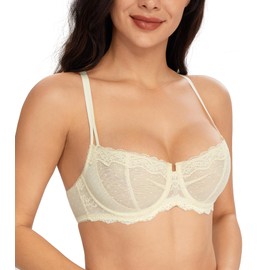 Lemorosy Women's Push Up Lace Sheer Bra Unlined Underwire Demi Plus Size Bra（38D, Beige