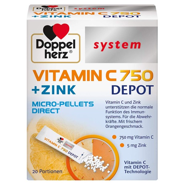 Doppelherz System Vitamin C 750 Depot - For the Defense - Vitamin C and Zinc Support the Normal Function of the Immune System - 20 Portion Bags