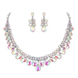 Clearine Gorgeous Jewellery Set for Women, Stunning Shiny Crystal Teardrop Cluster Statement Necklace Dangle Drop Earrings Set for Wedding Party Prom Iridescent AB Silver-Tone