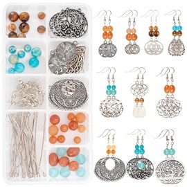 SUNNYCLUE 1 Box DIY 10 Pairs Tibetan Style Earring Making Kits Flower Star Filigree Alloy Pendants Charms with Natural Gemstone Beads for Jewelry Making Supplies