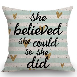 Swono She Believed She Could So She Did Inspirational Quotes Throw Pillow Case Cushion Cover Cotton Linen 18x18 Inches for Sofa Couch Gold Hearts on Hand Drawn Blue Striped Pillow Cover