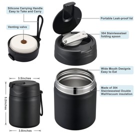 17oz Soup Thermo for Hot Food Kids,Insulated Food Jar with Spoon,Thermo Hot Food Lunch Container,Wide Mouth Leakproof Stainless Steel Lunch Box for School-Black
