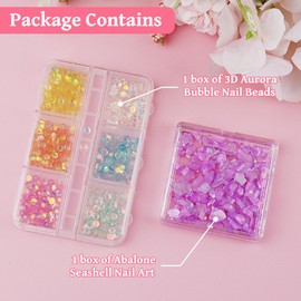 3D Aurora Bubble Nail Beads Mixed Colorful Crystal Gems Flatback Rhinestones Jewels and Abalone Seashell Nail Art Sequins Irregular Thin Glitter Ocean Acrylic Nails Supplies DIY Craft for Women Girls