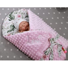 BotoBaby ★ Two-layer Swaddling Blanket Baby Blanket with Name and Date Embroidered ★ Minky Squirrel ★ Cotton ★ Filling ★ 75 x 75 cm ★ (Light Pink - Flowers)