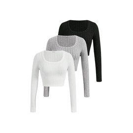 GORGLITTER Women's 3 Piece Crop T-Shirts Crop Top Crew Neck Long Sleeve Crop Top Classic Tops, White multi-coloured