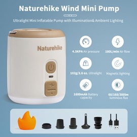 Naturehike Portable Mini Air Pump with 1600mAh Battery, Ultralight Tiny Pump with Camping Light, Type-C Rechargeable Inflate Deflate for Air Mattress Sleeping Pads Swimming Rings Vacuum Storage Bags