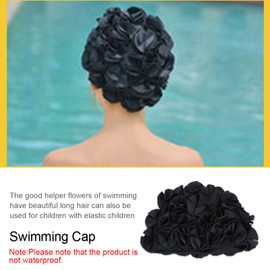 Vintage Flower Swimming Cap, Retro Flower Fashion, Elastic Long Hair Flower Blossom Design, Swimming Cap, Waterproof Swimming Caps, Fashionable Floral Petal Hat, Black