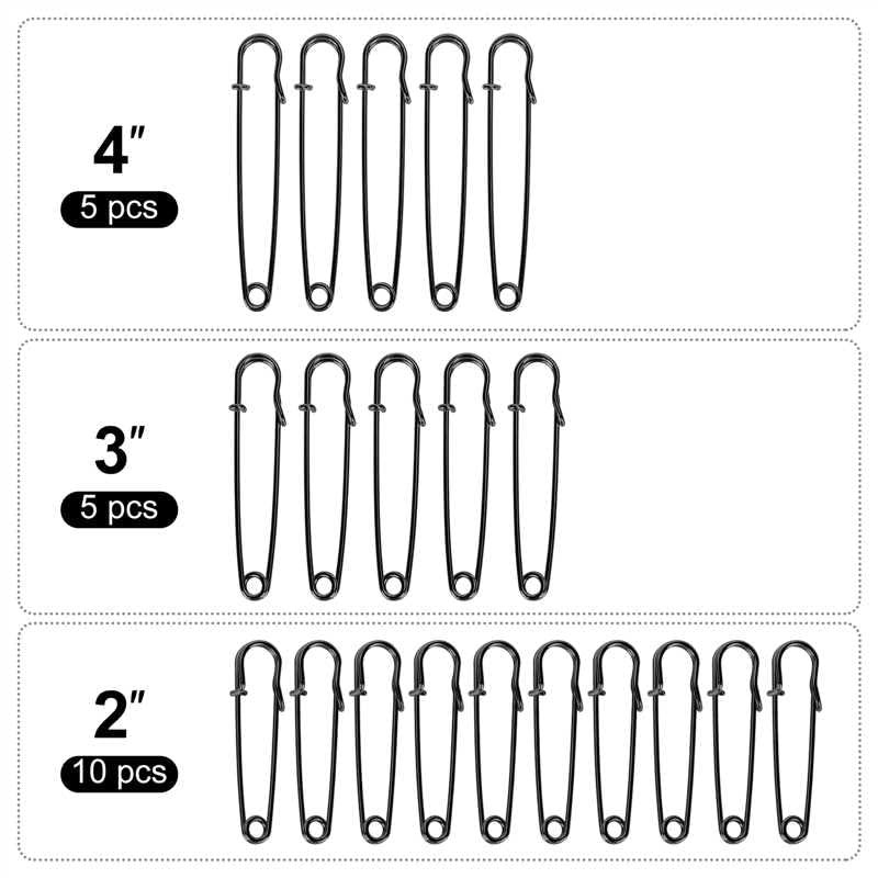 Bulk Pack of 20 Black Heavy-Duty Safety Pins – Assorted