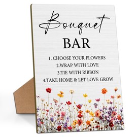 Flower Bouquet Bar Sign, Bridal Shower Sign 8 x 11 Inch, Flower Bar Wooden Sign with Stand, Wedding Welcome Sign, Wedding Decor Table Top Decor for Wedding Reception Bridal Shower -02