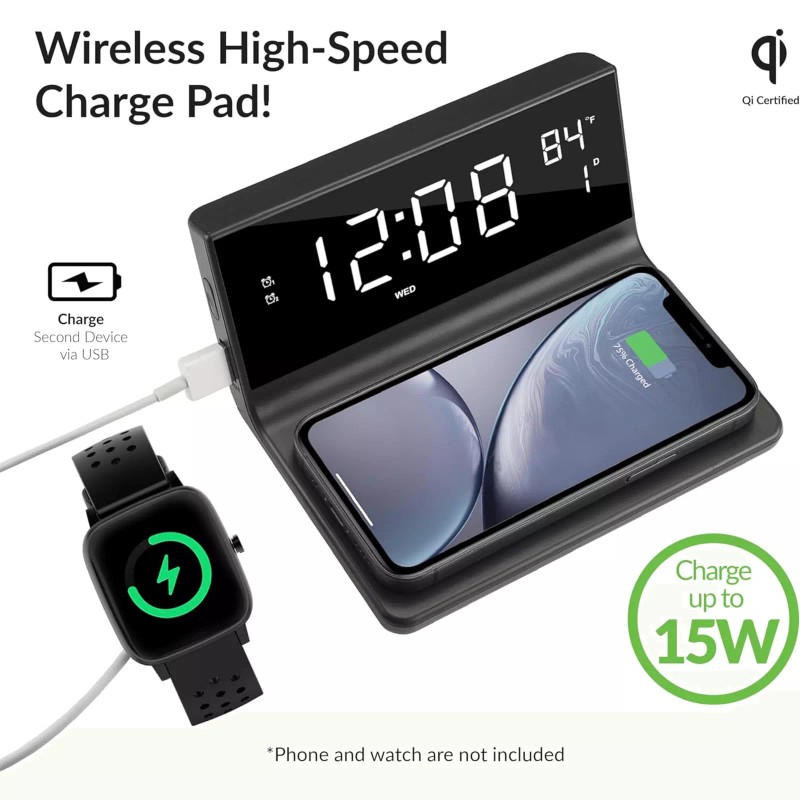 Supersonic Dual Alarm Clock with 2-in-1 Wireless Charger w 4