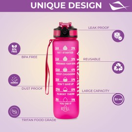 VitaZam New 1 Litre Water Bottle, Motivational Water Bottle with Time Markings, BPA Free, Leak Proof Lock Cover and Bottle Brush, Bottle for Gym, School/Office, Sports and Outdoor (with straw, Pink)