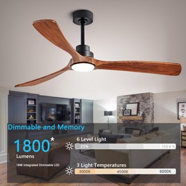 DDSANDIR 60 Inch Ceiling Fans with Lights and Remote FCC Dimmable Light Memory Quiet DC Motor Outdoor Indoor 3 Blades Wooden Ceiling Fan for Living Room Bedroom Patio Farmhouse Kitchen Black Walnut