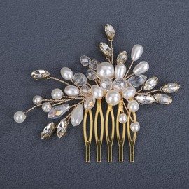 Rumtock Pearl Beads Crystal Gold Hair Comb for Women Wedding Bridal Handmade Hair Piece (Gold)