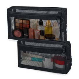besharppin 2pcs Mesh Cosmetic Bags, Wide Open Zipper Mesh Makeup bags Set, 2 Pocket Mesh Makeup Pouches with Zipper, Travel Essentials Beauty Bag Set (Black)
