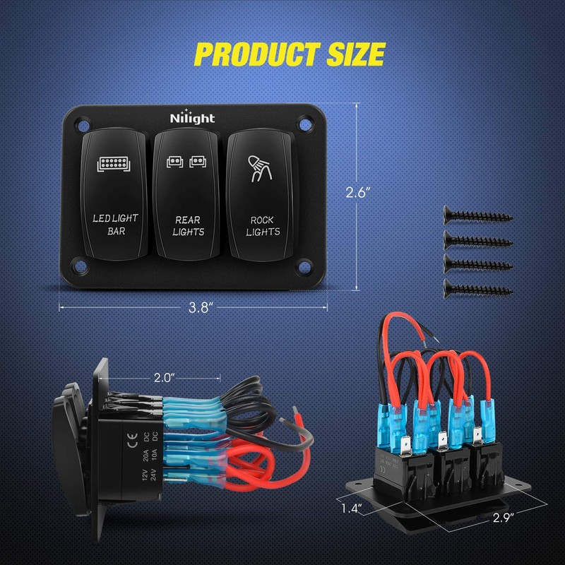 Nilight 3 Gang Rocker Switch Panel Aluminum 5 Pin ON