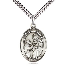 CatholicStore St. John of God Medal in Fine Pewter, 1" Tall on a 24" Light Rhodium Heavy Clasp Chain