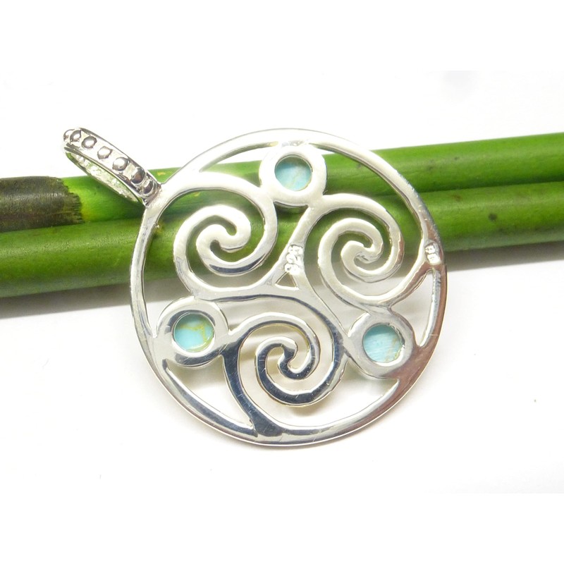 Silver Plated Turquoise Triskele Pendant Sterling Silver Protection Symbol Unisex,