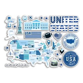 A5 Sticker Sheet United States Blue Landmarks Vinyl Stickers - America Map Airport Skyline Flag Travel Holiday Country City Aesthetic #80434