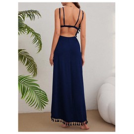 Milumia - Vestido largo sin mangas para mujer, con ribete de borlas, para cubrir la playa, para cubrir la playa, Azul oscuro, M