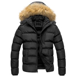 Pursky Winter Coats for Men Puffer Thicken Bubble Jacket Fur Hood Black S