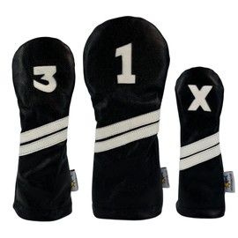 Sunfish Black and White Leather Golf Club Headcover Set 1-3-X Driver Fairway Hybrid
