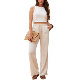 Beautiful Nomad Women's Linen Pants High Waisted Straight Pant Casual Flowy Wide Leg Drawstring Trousers with Pockets Beige