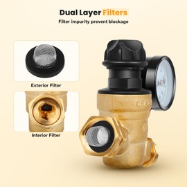 RV Water Pressure Regulator 3/4" Brass Lead-Free Water Pressure Reducer Valve with Adjustable Knob Gauge and Inlet Screen Filter for RV Camper Travel Trailer Accessories 0-160 PSI
