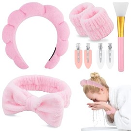9 Piezas Set de Diadema y Pulsera de Esponja para spa,Maquillaje,Horquilla,Diadema para Lavado Facial,Cuidado de la Piel para Lavado Facial y Maquillaje,Rosa